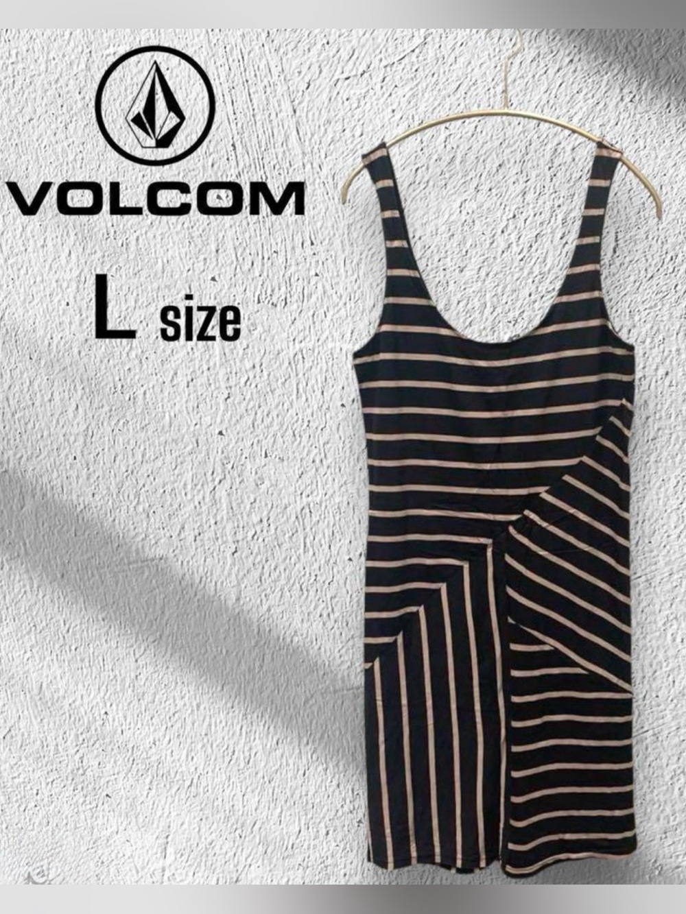 Volcom Midi Tank Dress. Black & Tan Stripe SZ L. Apx knee length. EUC no flaws